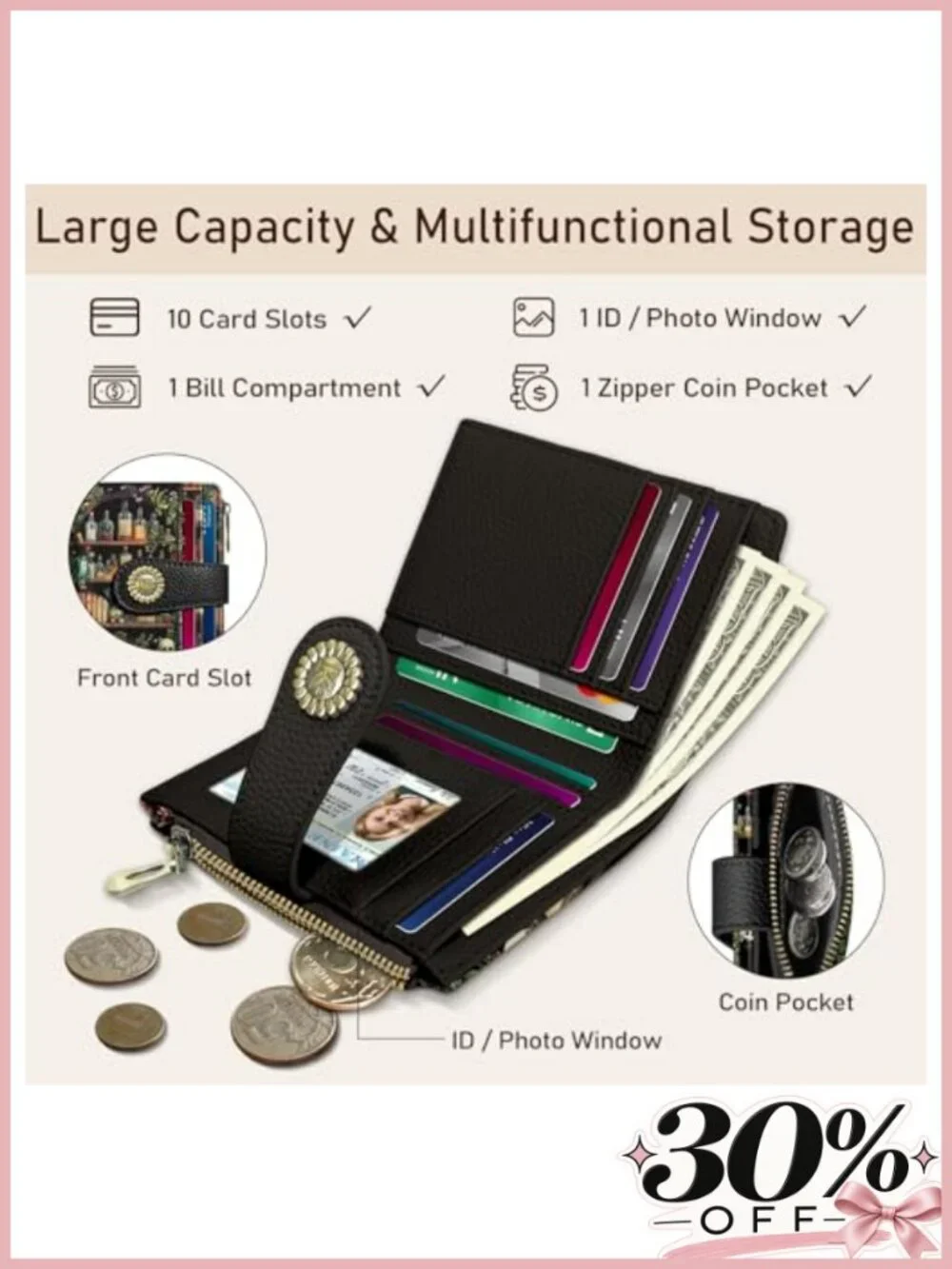 Gothic Skull Bifold Wallet RFID Blocking Vegan PU Leather Coin Pocket